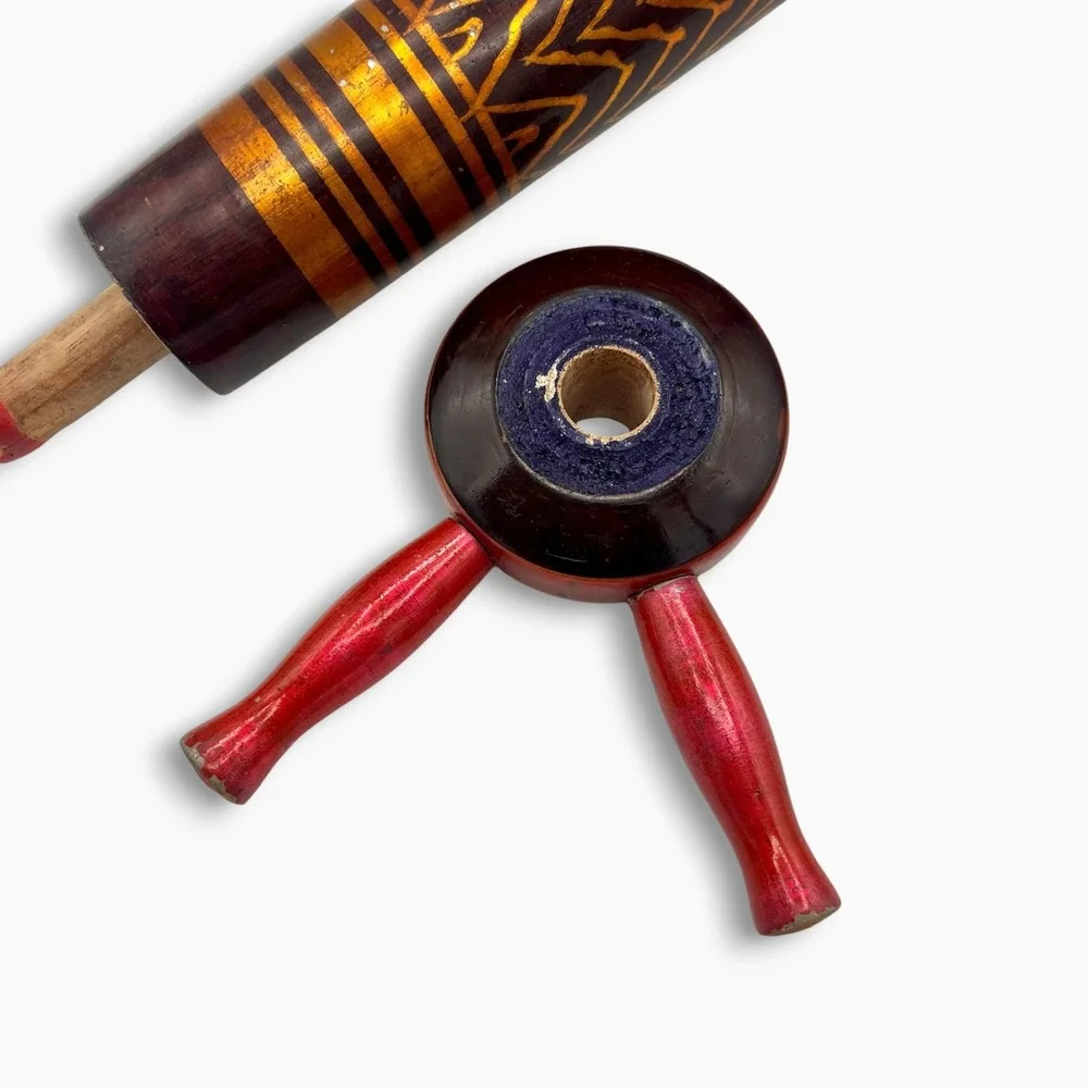 Vintage Handcrafted Lacquered Wood Foot Stool Rolling Pin Red Gold